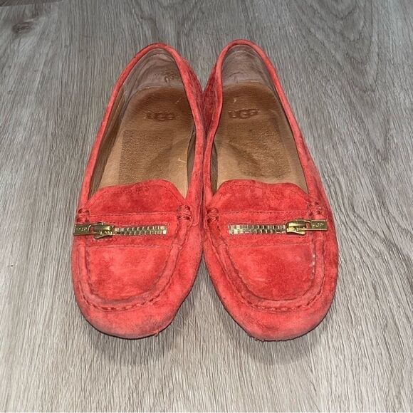 Women's UGG Red Suede Loafers with Gold Zipper - Picture 2 of 9